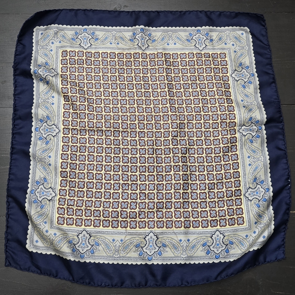 Vintage Blue, Yellow & Brown Geometric Floral Satin Pocket Square 19"x19" EUC